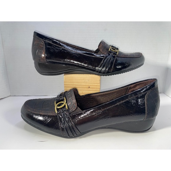 Life Stride Women's Loafers Size 7.5M Brown Croc Print Buckle Accent Dress Shoes - Picture 1 of 9